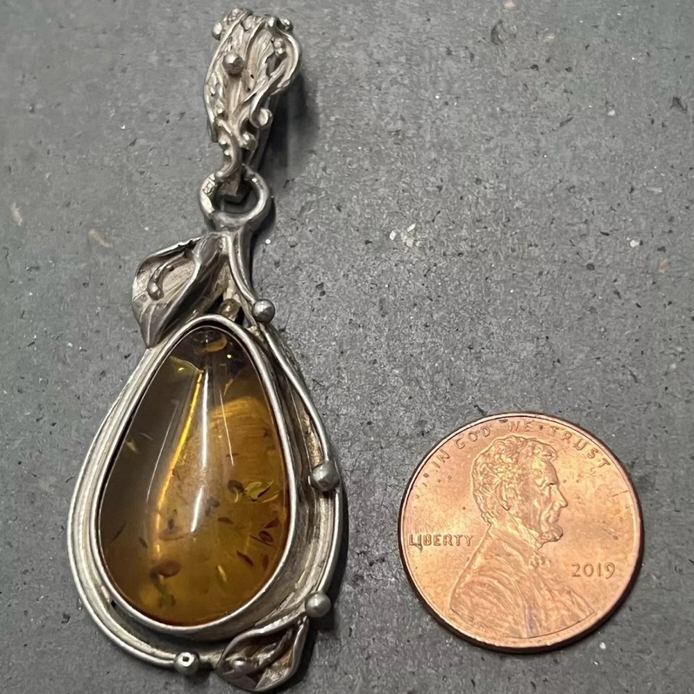 Teardrop Shaped Amber and Intricately Designed Silver Pendant - Picture 8 of 8